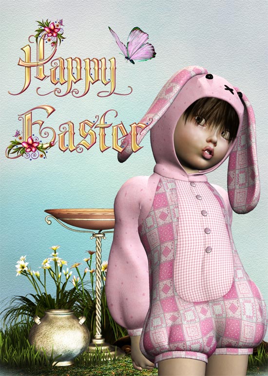 Child in a pink Easter bunny suit.