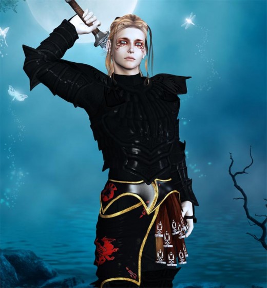 Elf Knight in black armor drawing sword from the back, moon in background.