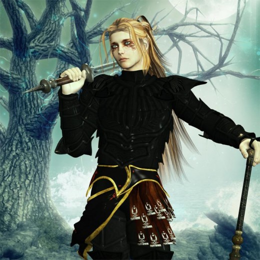 Face close-up of elf knight in black armor and long blonde hair, holding a sword over his shoulder.