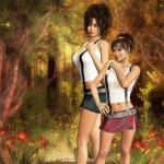 Short girl with one hand on shoulder and another on hips, tall girl standing behind. Fantasy woods background.