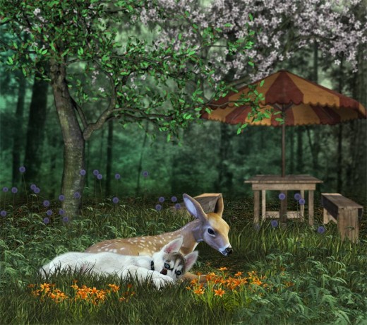 Siberian Husky Lara and her young deer friend look very peaceful together.