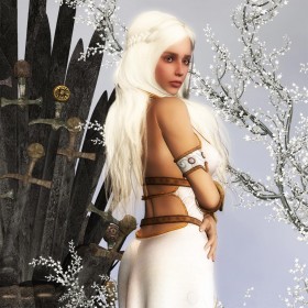 Mother of Dragons side close-up with iron throne in background.