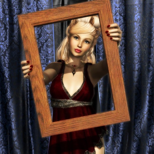 Blonde girl holding up picture frame.