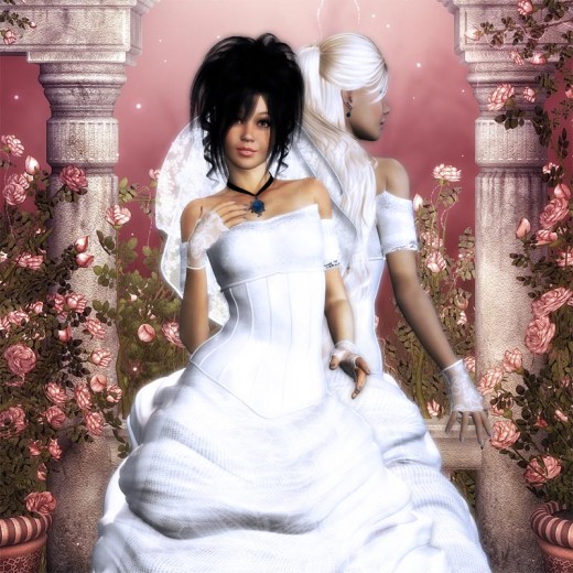 Black haired and white haired brides in wedding gowns in front of a pink fantasy background.