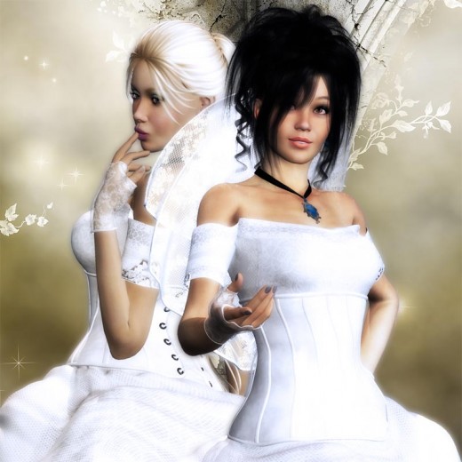 Close up of two brides in white wedding gowns.