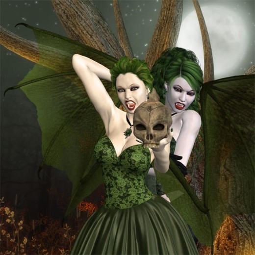 Two vampire girls with green devil wings and fangs showing. Left vampire has her arm up with the other hand holding a skull, right vampire is looking down. White moon in background.
