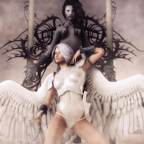 Good angel with white feathered wings at the bottom, chained to dark angel with tribal black wings on top.