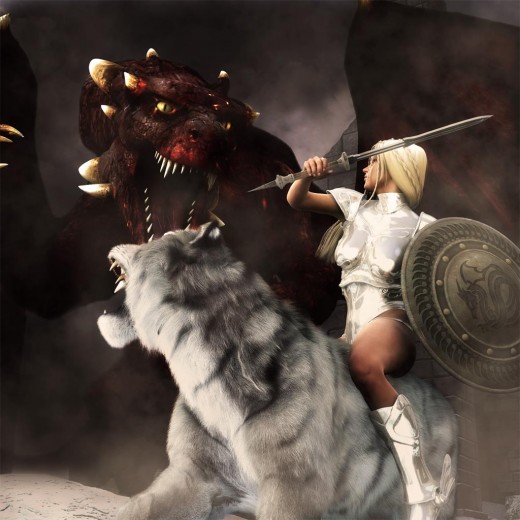 White knight in shining armor sitting on a white Siberian Tiger, battling with a large dragon.