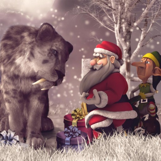 Toon Santa offering a helping hand to a large sabertooth tiger, with his helper elf staying faithfully behind him.
