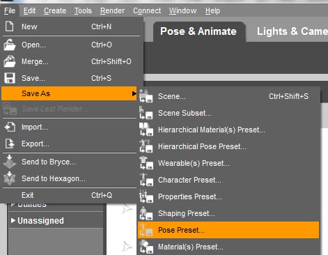 Screen-shot of how to save my own pose presets in Daz Studio 4.6.