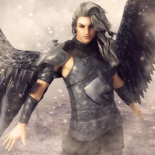A male angel with long hair and dark wings standing in the snow.