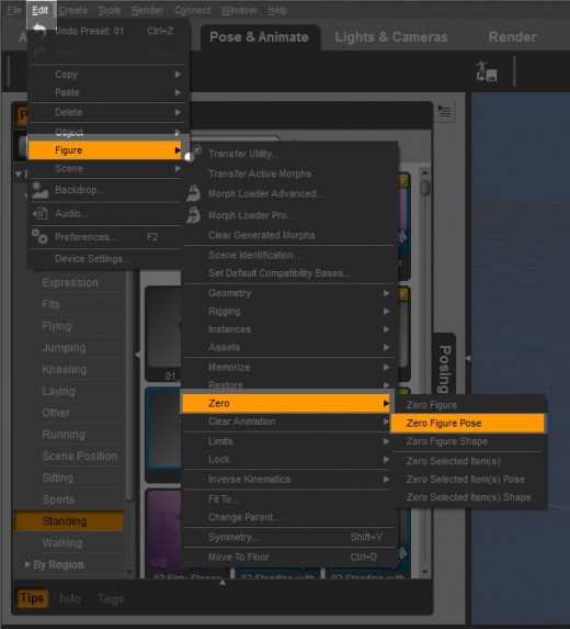 Screen-shot of the drop-down menus we go through to zero-out a figure pose.