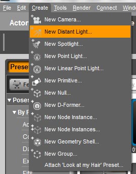 Drop-down menus on how to create a new distant light.