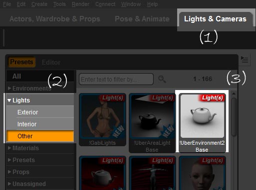 Screen-shot of what to do to add a UE2 light from the Smart Content panel.