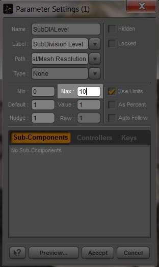 Screen-shot of the Parameter Settings pop-up window that is used to increase the maximum sub-division level in our interface.