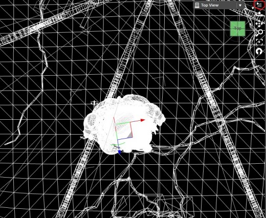 Screen-shot of the top-down view, of a wireframe scene, with a black background.