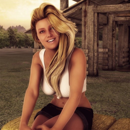 Close-up of a cute farm girl with blonde hair, sitting on some bales of hay, in front of a stable.