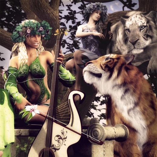 Summer fairy playing a cello together with her tiger familiar. Winter fairy playing a lyre up on a tree with her white Siberian Tiger.