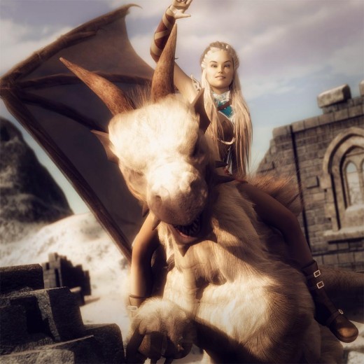Combined pose of a girl riding on her dragon, and waving goodbye before take-off.