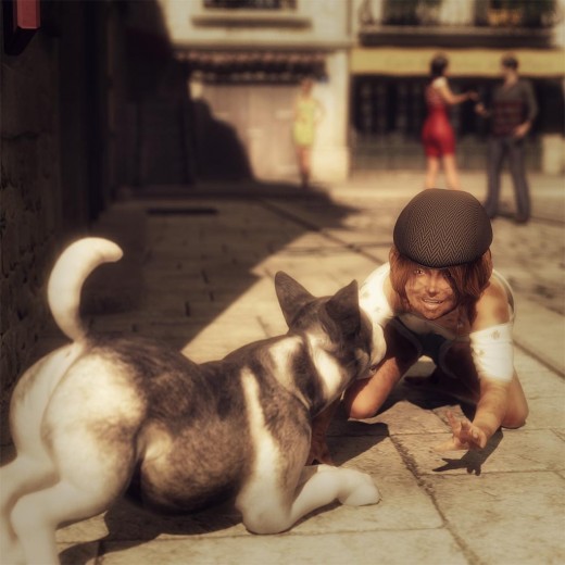 Kid wearing a cap kneeling on the ground, saying hello to a Siberian Husky puppy dog.