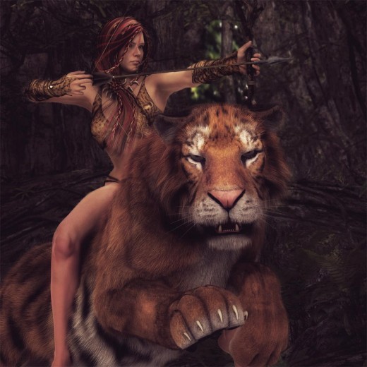 Warrior woman riding on a tiger while shooting a bow and arrow.