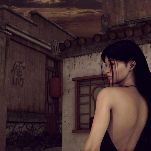 Asian woman with long black hair, wearing a low-back-scoop red dress, looking contemplative at sunrise.