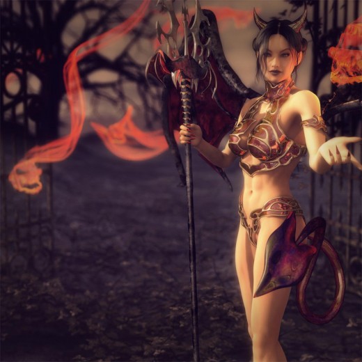 Cute girl devil, holding a pitchfork, standing in front of the gates of hell. Red skulls flying about in the background.