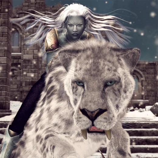 Dark elf woman riding on a white saber-tooth tiger. Snowy ruins background.
