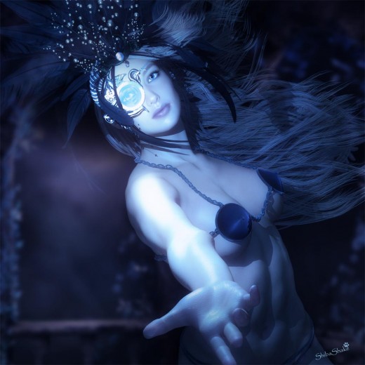 Woman with headdress and eye-piece, holding out her hand, in blue light.