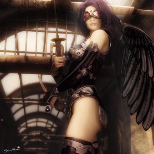 Dark angel standing with black wings and goggles.