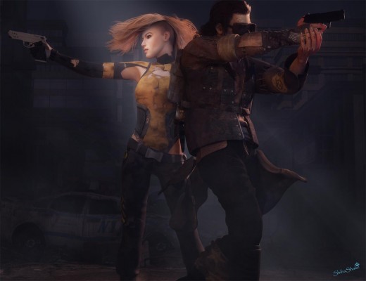 Post apocalyptic image with a woman to the left and a man to the right, both holding guns.