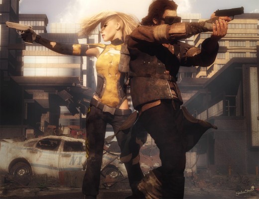 Post apocalyptic scene with a woman to the left and a man to the right, both holding guns. Ruined city and car in the background.