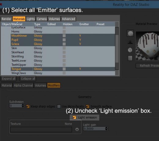 Screenshot for how to turn off light emitter option in Reality 4 plugin.