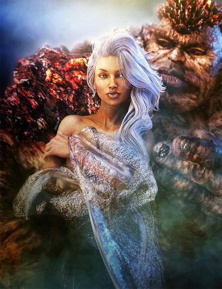 Beautiful white-haired woman in embrace of a stone beast. Love and opposites attract fantasy art.