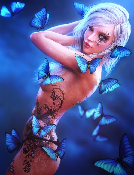 Blonde pin-up girl with butterfly tattoos standing with blue butterflies around her. Fantasy woman art. Daz Studio Iray image.