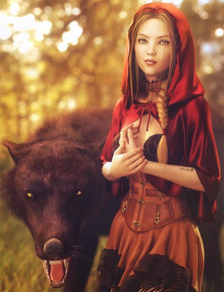 Blonde little red riding-hood girl standing next to a big black wolf. Woods and trees background. Fantasy woman art. Daz Studio Iray image.
