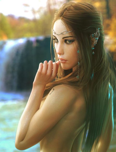Sexy elf girl bathing near a waterfall. Fantasy woman pin-up art. Daz Studio image.
