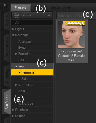 Screenshot of how to locate and apply the Iray shader for Genesis 2 Females.