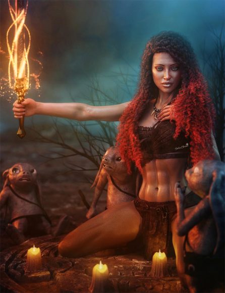 Warrior woman holding a flaming magic sword with cute fantasy creatures around her. Brambles and candles in the environment. Daz Studio Iray image.