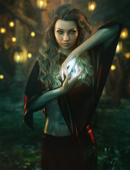 Fantasy magic woman with light spell and lanterns in the background. Daz Studio dynamic cloth dForce Iray image.