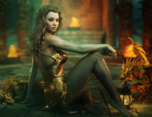 Fantasy woman art with gold dragons. Fire burners and temple in the background. Daz Studio dynamic cloth (dForce) Iray render.