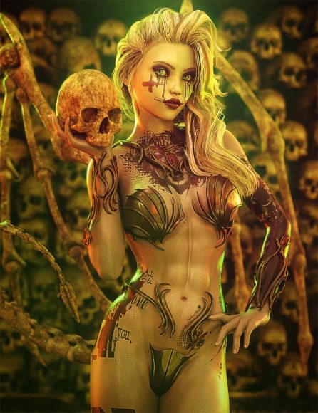 Gothic sexy woman with blonde hair holding a skull with a wall of skulls. Fantasy woman art with bone wings. Daz Studio Iray image.