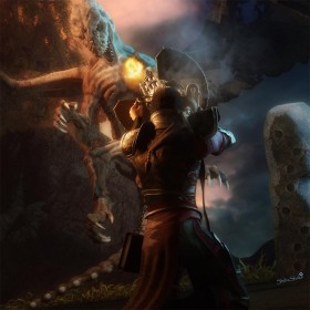 Knight in armor shooting a steampunk gun at a dragon. Night scene.