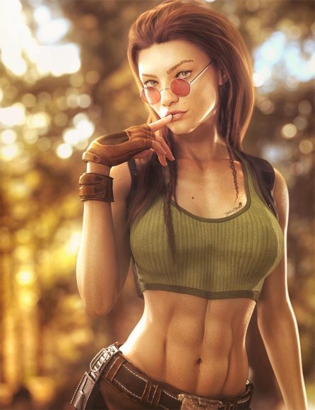 Sexy Lata Croft pin-up with new hairdo. Tomb Raider game fan-art. Fantasy woman art. Daz Studio Iray.