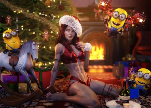 Cute Christmas girl with three Minions playing with their Christmas toys and presents. Christmas tree and fireplace in the background.