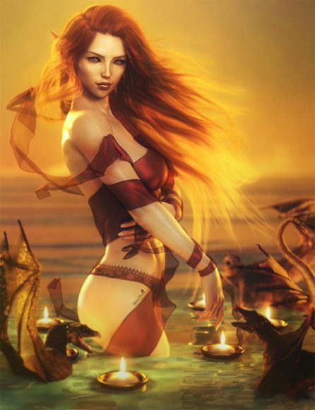 Red haired girl surrounded by candles and dragons playing in the water. Fantasy woman art. Daz Studio Iray image.