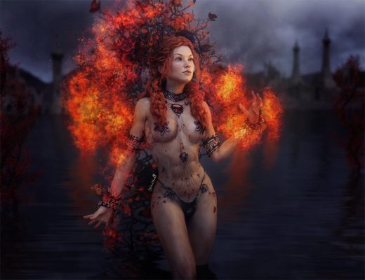 Red-haired fantasy girl with a burning headdress standing in a lake. Ruins in the distance.