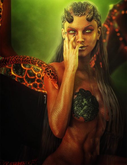 Fantasy pinup art of a sexy devil demon woman with horns, lava wings, and tail. She has long dark hair with jewels.