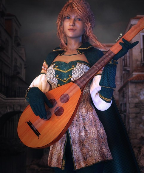 Girl in medieval costume, playing a lute.