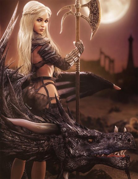 White haired black dragon warrior with axe. Daenerys Targaryen Game of Thrones fan-art. Fantasy Woman Art. Daz Studio Iray image.